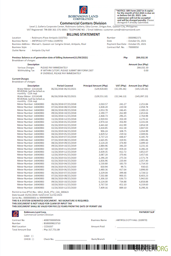 PHILIPPINES ROBINSON LAND CORPORATION utility bill Word and PDF template